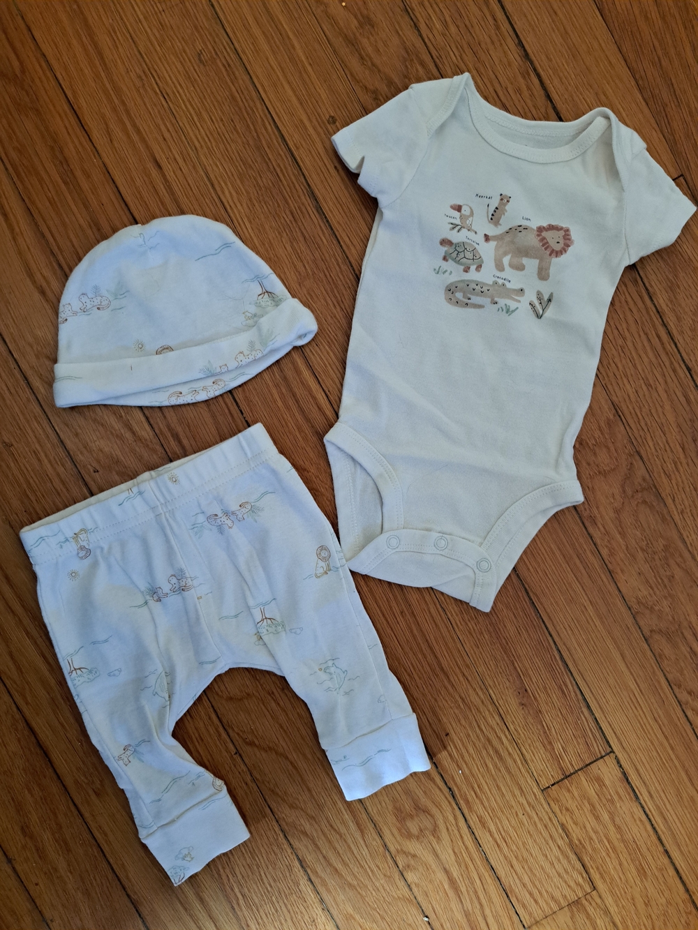 Neutral Baby Safari Onesie Set with Hat & Pants - Cream